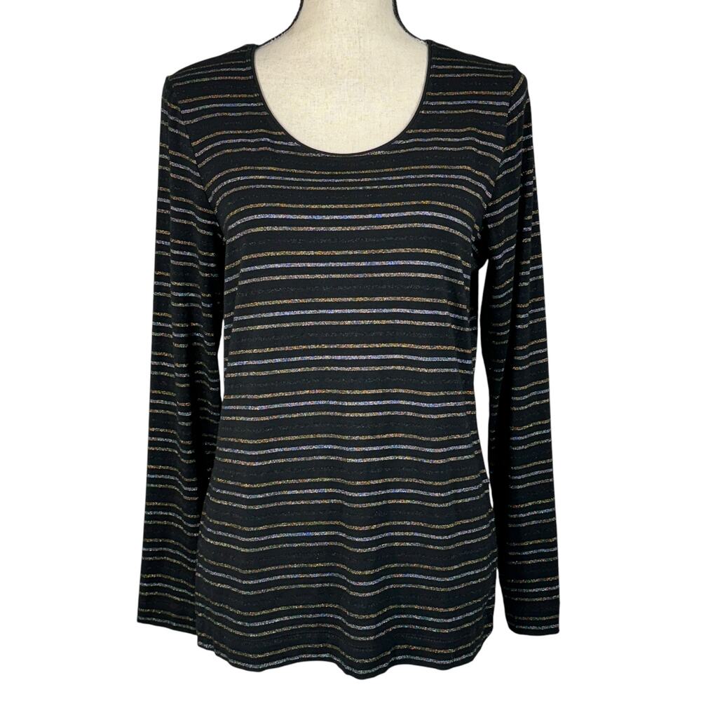 Chico’s SZ 1 (Medium) Top Striped Long Sleeves Stretch Scoop Neck Metallic Black